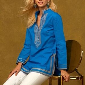NWT NICOBLU EMBROIDERED MAHARINI TUNIC SHIRT Blue Gold Embroidery XL 100% Cotton